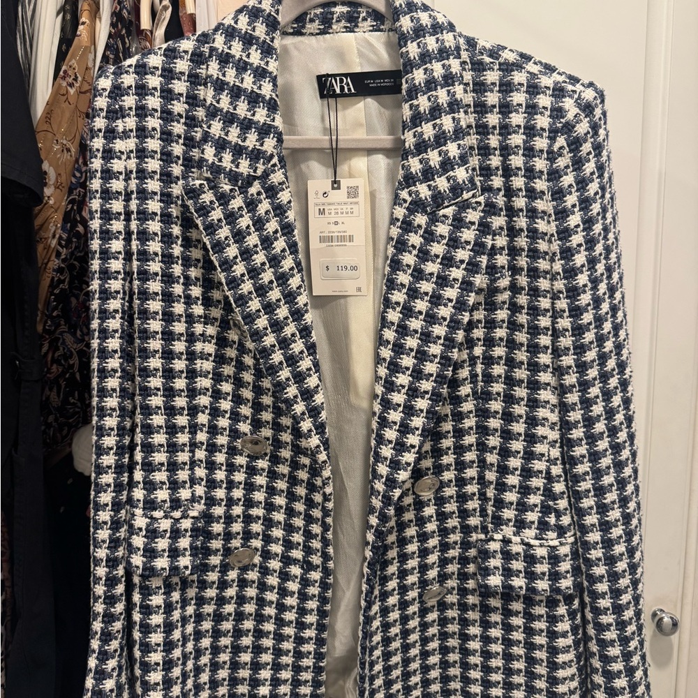 NWT Zara Textured Houndstooth Blazer Blue + White Size M